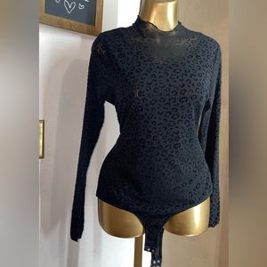 Black sheer velvet leopard print bodysuit blouse